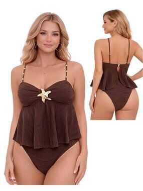 Large Coffee Brown 2 Piece Tankini Swimsuit Ruffled Top and High Waisted Bottom